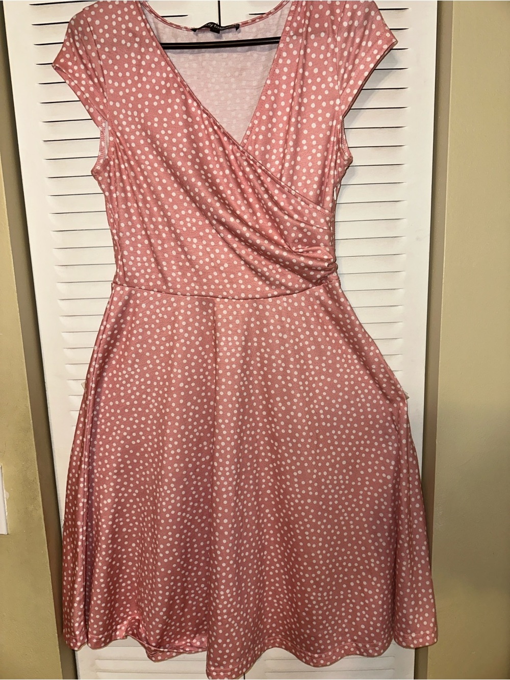Oxiuly Fashion Pink Polka Dot Faux Wrap A-Line Dress Size M